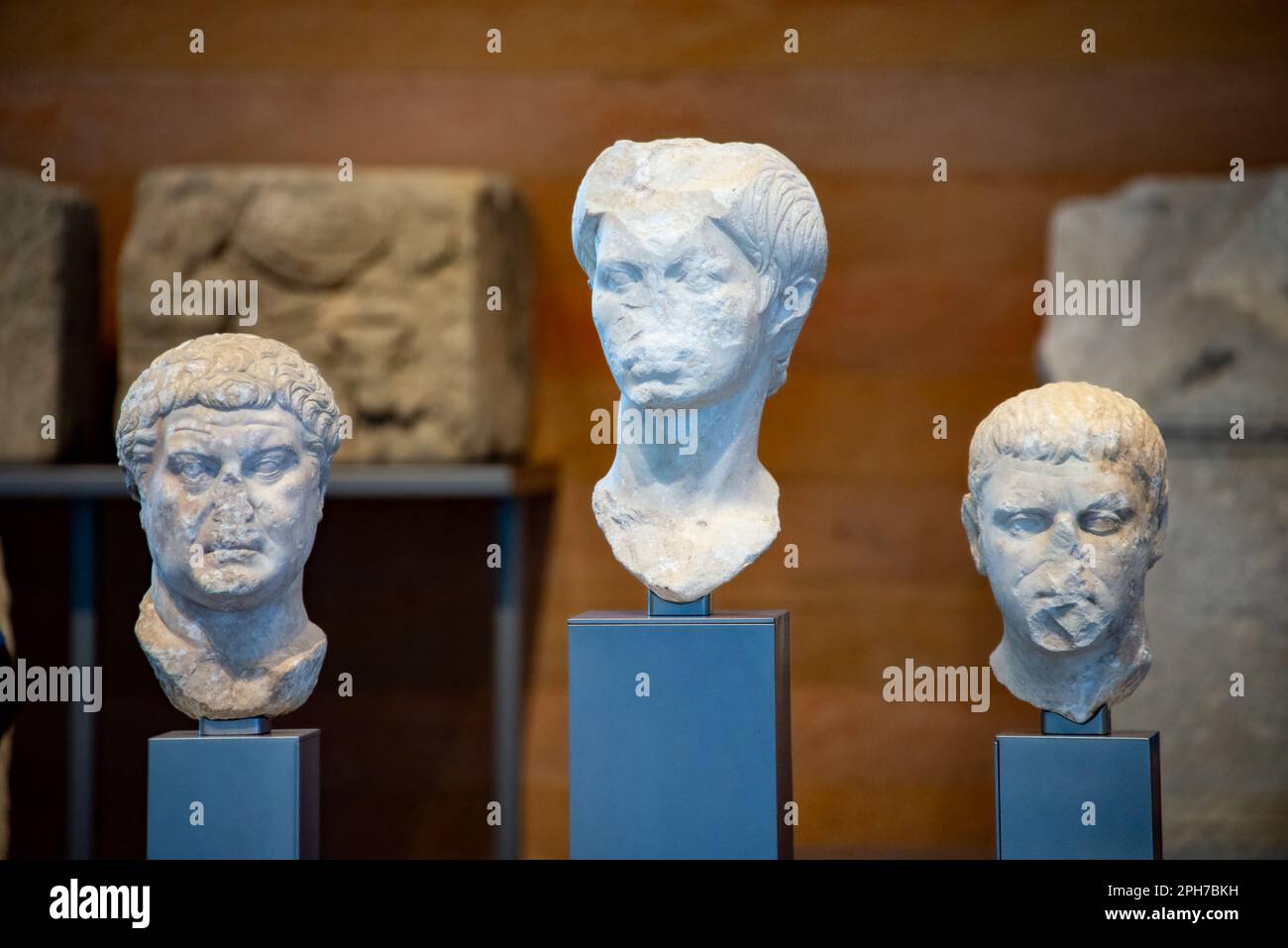 Heads of ancient Roman statues on display at Narbo Via Roman History