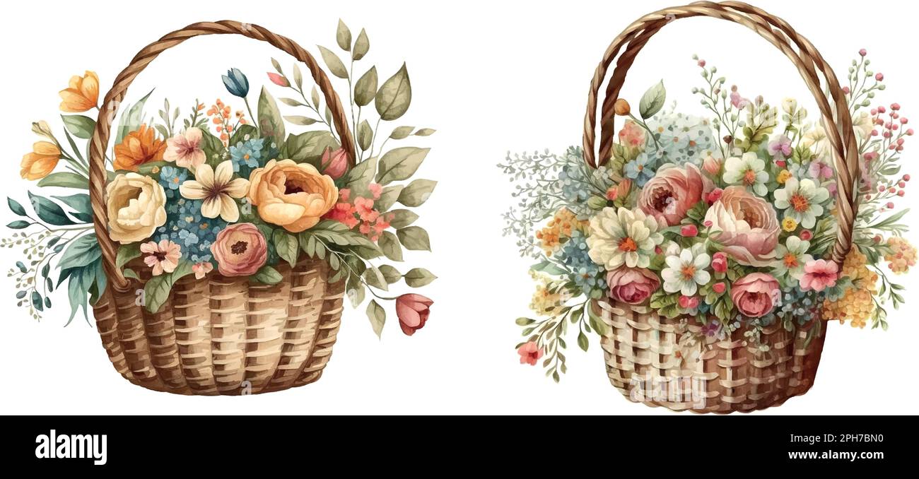 Wicker basket with flowers Victorian style. Watercolor Stock Vector ...