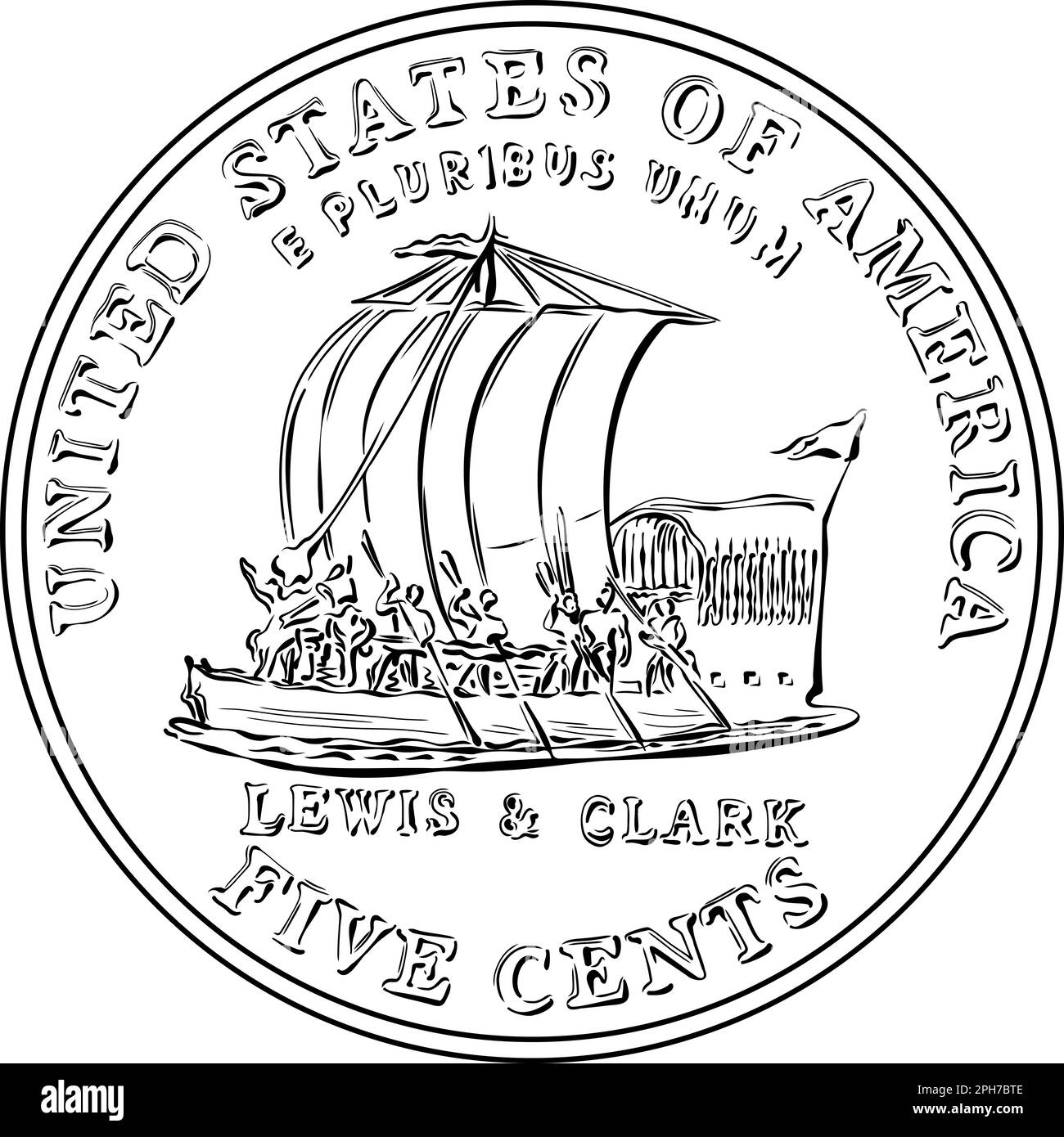 Jefferson nickel, American money, USA five-cent coin with keelboat of Lewis and Clark Expedition on reverse. Black and white image Stock Vector