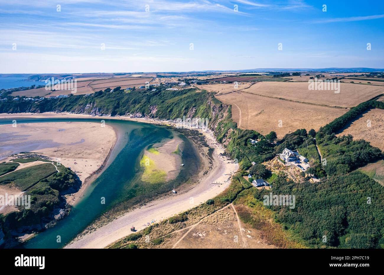 Aerial view of Bantham Beach and River Avon from a drone, South Hams, Devon, England Stock Photo