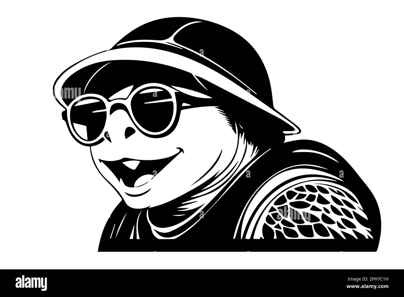 Turtle in a hat and sunglasses. Vector illustration. black and white. Stock Vector