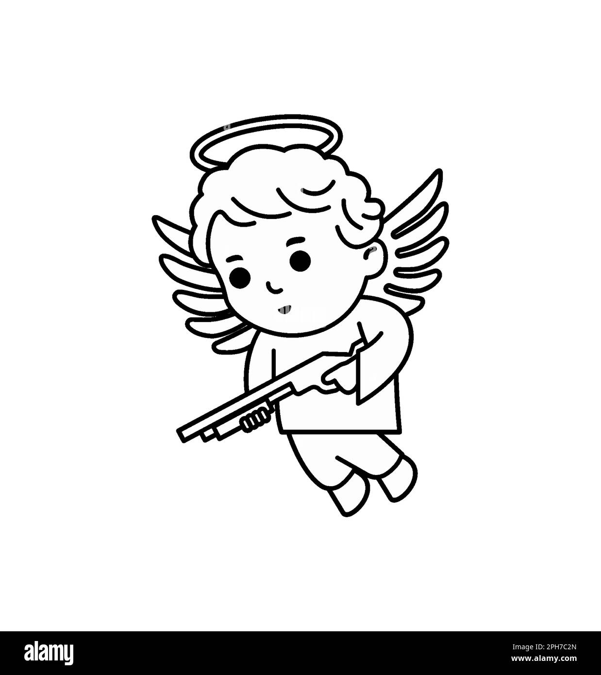 Flying angel cupid with a shotgun in outline style Stock Vector