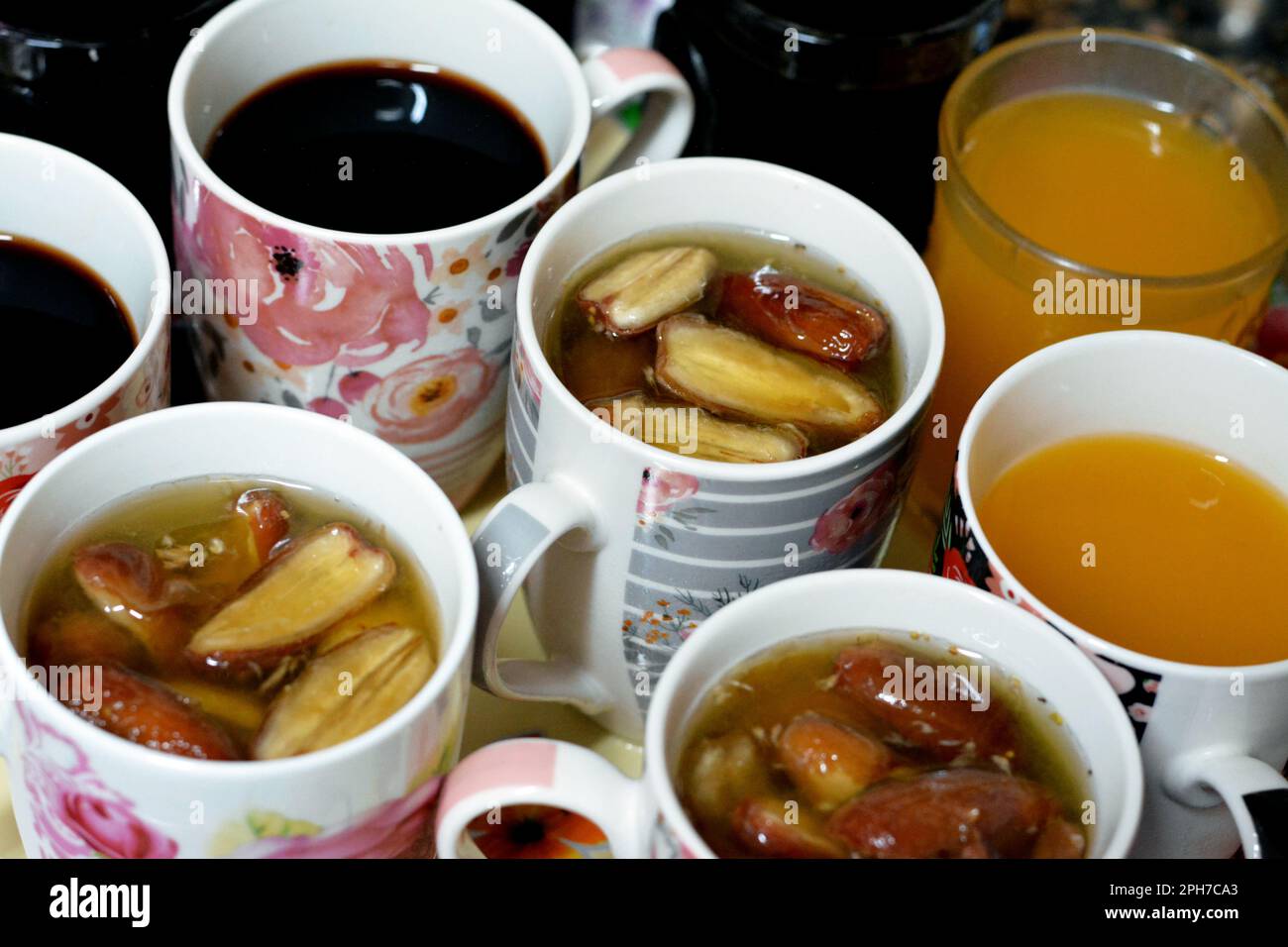 Juices, drinks and compotes tray on the iftar table in Ramadan month