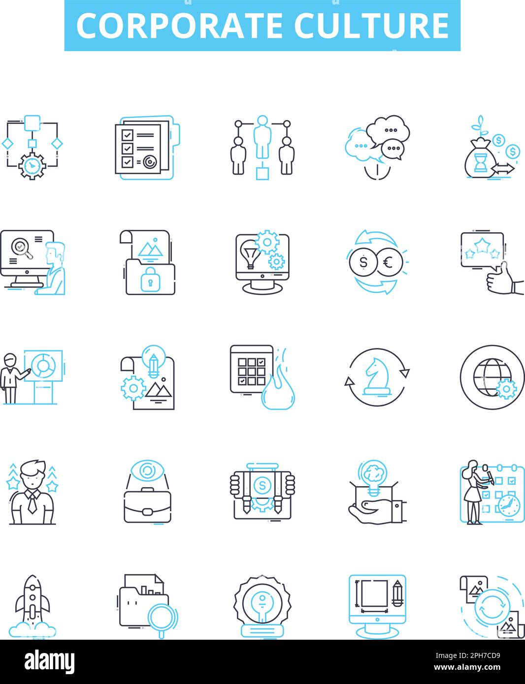 Corporate culture vector line icons set. Business, Professionalism, Respect, Quality, Empowerment, Integrity, Communication illustration outline Stock Vector
