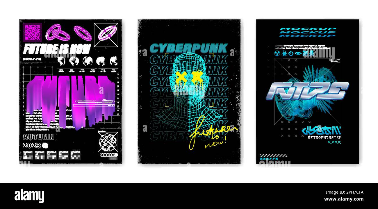 3D Retro futuristic posters template set. Techno, vaporwave, acid concept Stock Vector