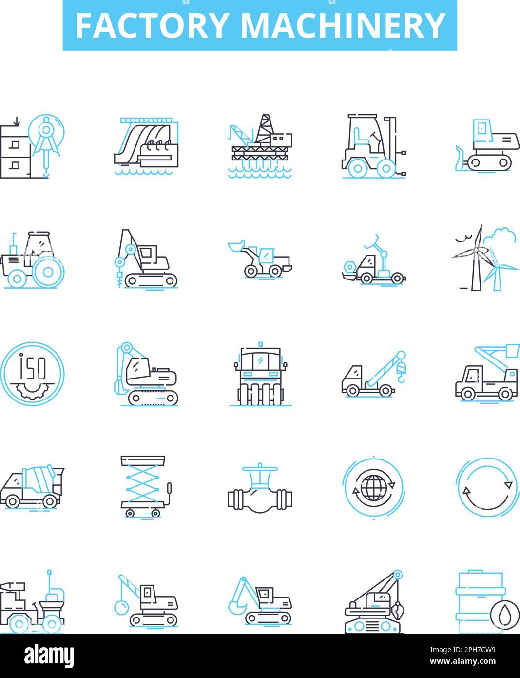 Factory machinery vector line icons set. Machinery, Factory, Equipment, Automation, Process, CNC, Install illustration outline concept symbols and Stock Vector