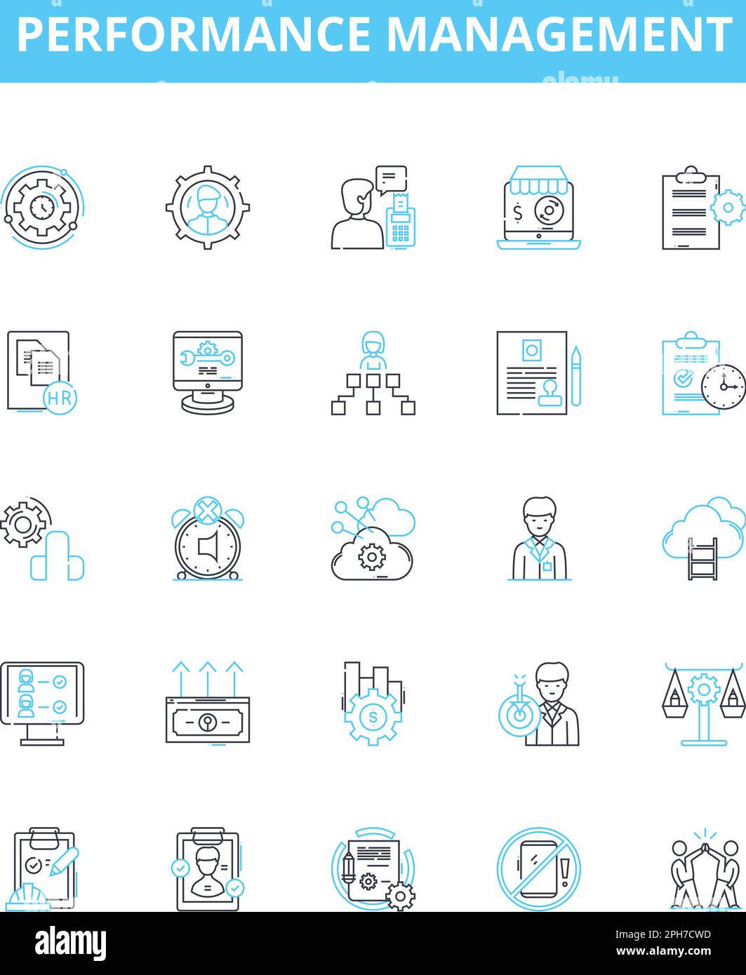 Performance management vector line icons set. Performance, Management, Assessment, Appraisal, measurement, Monitoring, Evaluation illustration outline Stock Vector