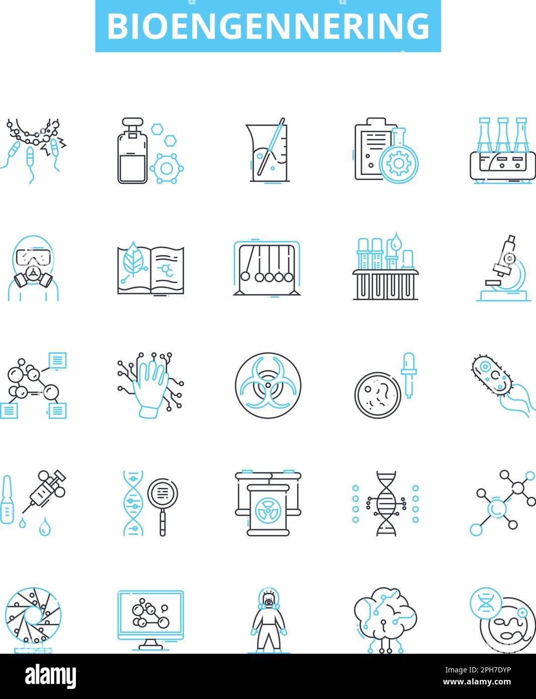 Bioengennering vector line icons set. bioengineering, genetics, biopharmaceuticals, biotransformation, proteomics, nanotechnology, tissue engineering Stock Vector