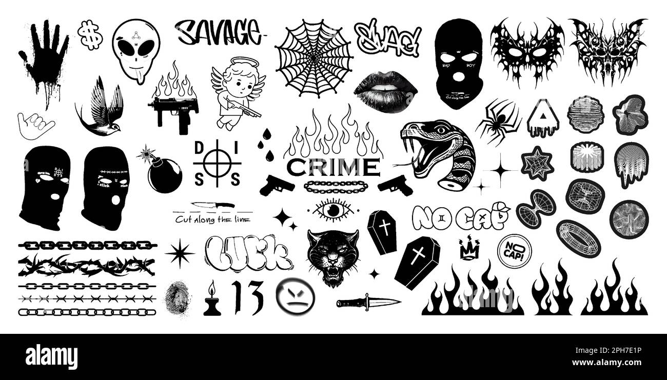 Crime elements, graphic set gang tattoo, brutalism elements Stock Vector