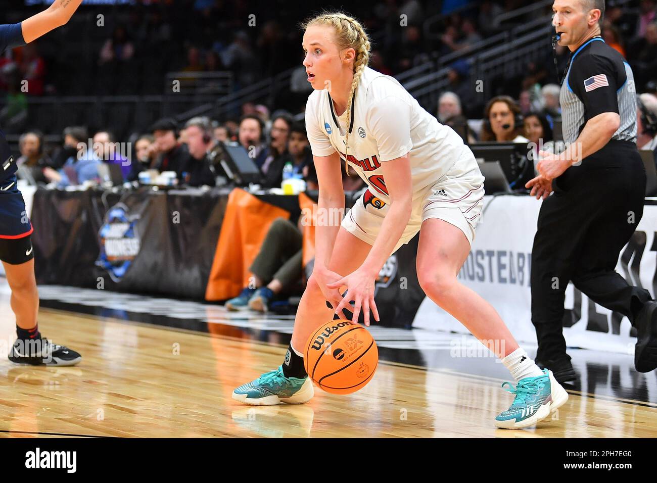 March 24, 2023: Louisville Cardinals guard Hailey Van Lith (10) with the ball during the NCAA women's NCAA Regional Semifinal basketball game between Ole Miss and Louisville at Climate Pledge Arena in Seattle, WA. Louisville defeated Ole Miss 72-62 to advance to the Elite 8. Steve Faber/CSM Stock Photo