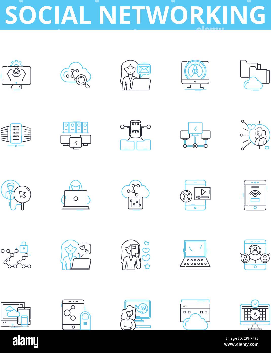 Social networking vector line icons set. Social, networking, networking, sites, media, profiles, interaction illustration outline concept symbols and Stock Vector