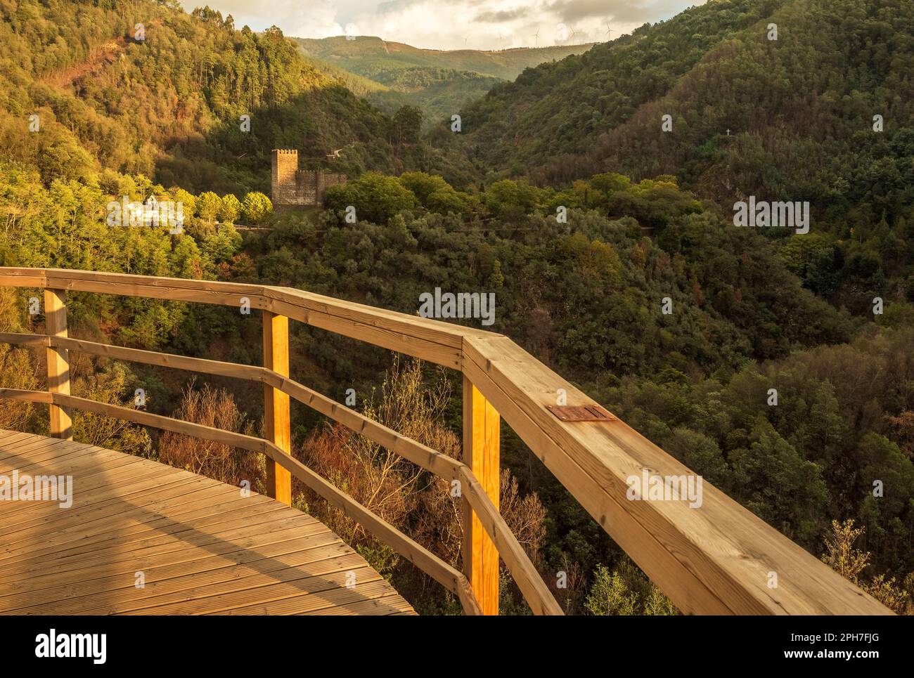 View of the Lousã walkways, in Portugal, with the castle and the mountains in the background. Stock Photo