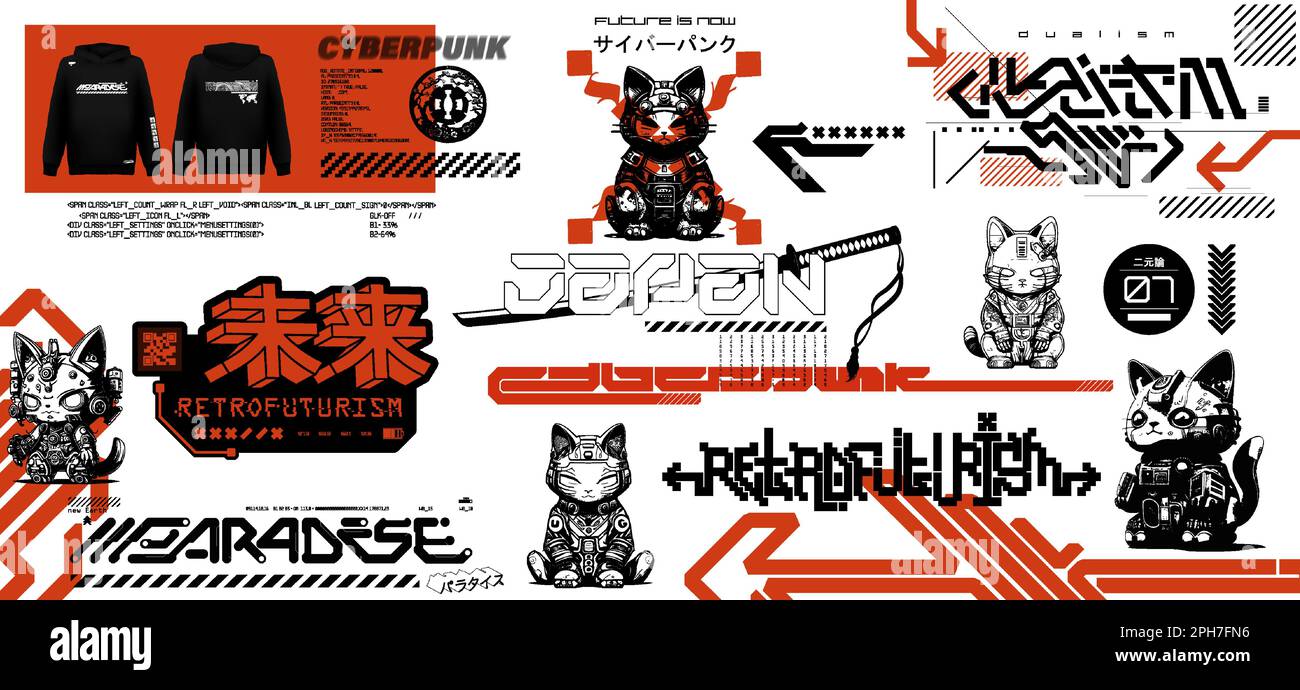 Futuristic cyberpunk t-shirt, merch, streetwear design. Cyber Maneki-neko Stock Vector