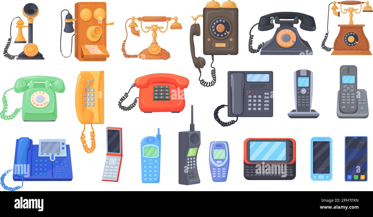 Vintage phones and smartphones. First telephone, cellphone or modern smartphone set, call communication invention, retro mobile phone evolution vector illustration of telephone smartphone technology Stock Vector