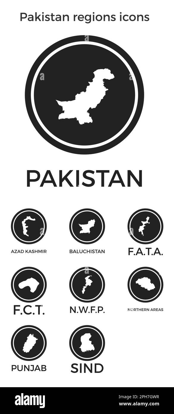 Pakistan regions icons. Black round logos with country regions maps and titles. Vector illustration. Stock Vector
