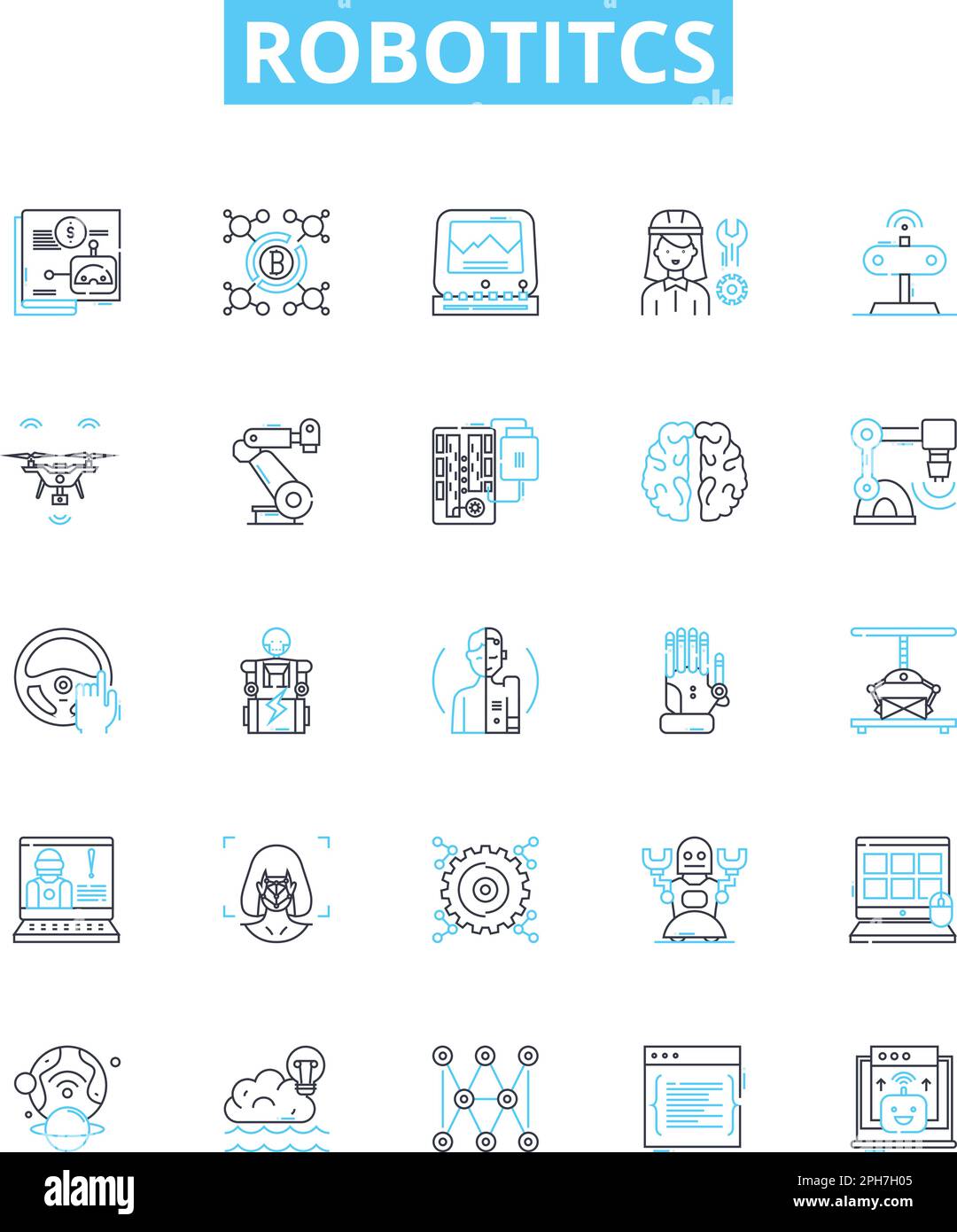 Robotitcs vector line icons set. Robotics, Automation, AI, Programmable, Machines, Autonomous, Networks illustration outline concept symbols and signs Stock Vector