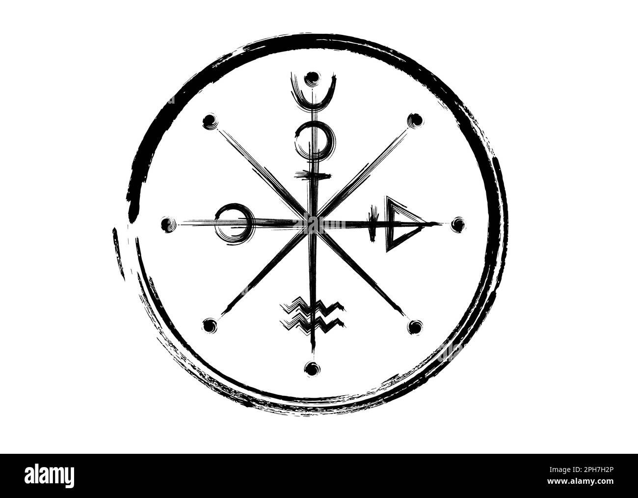 The Wheel of Fotune tarot symbol, worldwide ancient sign, the cycle of life, hand drawing brush stroke style magical witch black tattoo icon of sacred Stock Vector