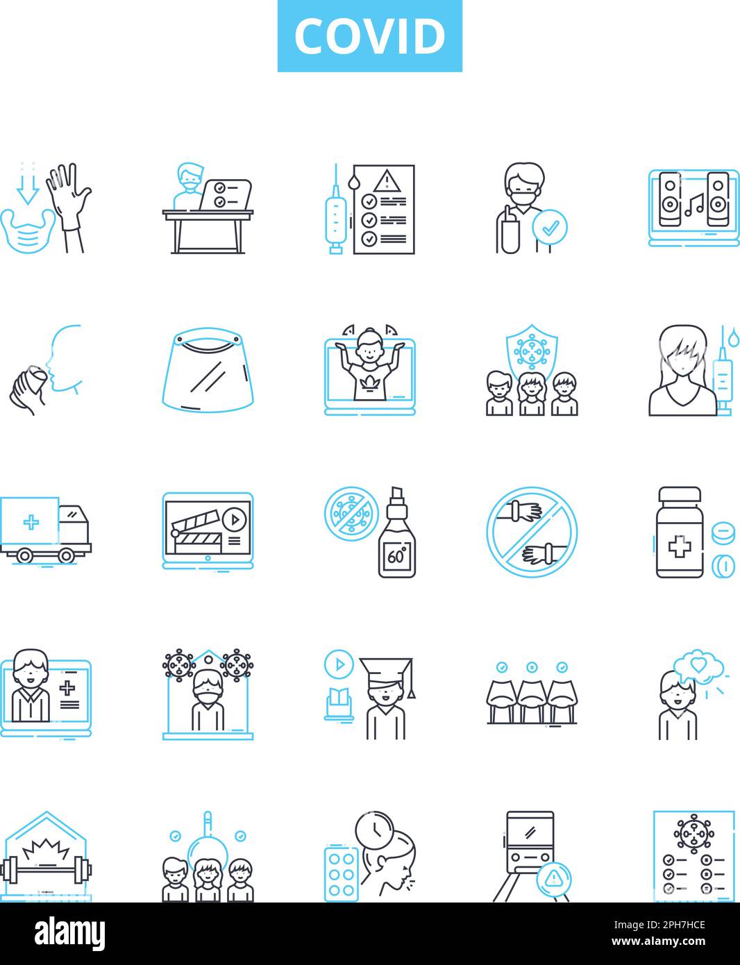 Covid vector line icons set. Covid, Pandemic, Virus, Coronavirus, Lockdown, Infection, Testing illustration outline concept symbols and signs Stock Vector