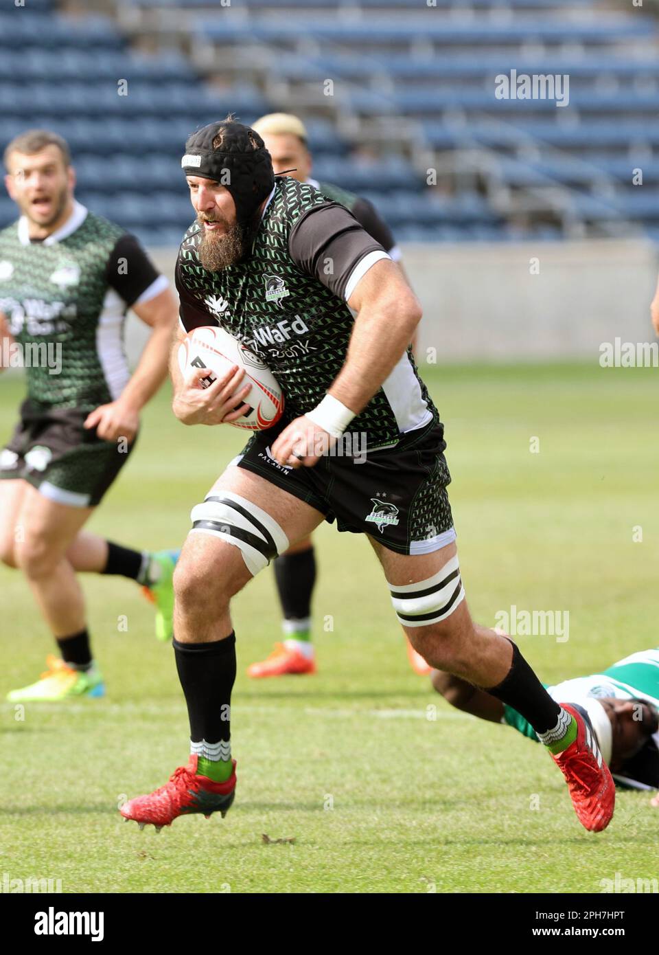 Chicago, USA, 26 March 2022. Major League Rugby (MLR) Seattle Seawolves' Riekert Hattingh runs in for a try against the Chicago Hounds at SeatGeek Stadium in Bridgeview, IL, USA. Credit: Tony Gadomski / All Sport Imaging / Alamy Live News Stock Photo