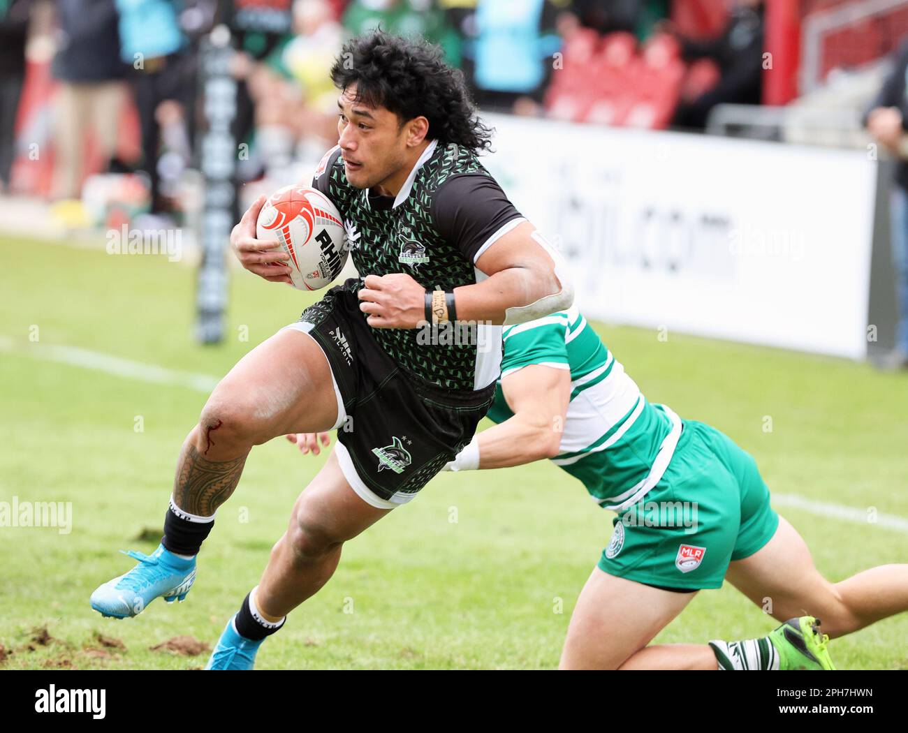 Chicago, USA, 26 March 2022. Major League Rugby (MLR) Seattle Seawolves' Lauina Futi runs the ball to the try zone against the Chicago Hounds at SeatGeek Stadium in Bridgeview, IL, USA. Credit: Tony Gadomski / All Sport Imaging / Alamy Live News Stock Photo