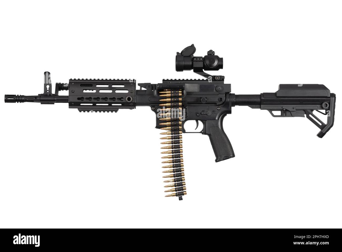 Carbine with belt-fed upper receiver that convert AR-15 or M16 from a standard, magazine rifle to light machine gun. Isolated on a white background Stock Photo