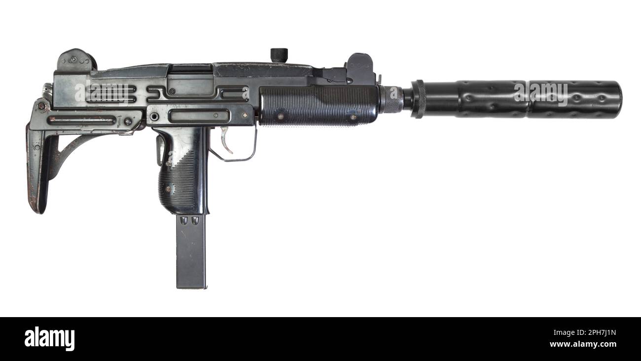 UZI submachine gun with silencer isolated on white background Stock Photo