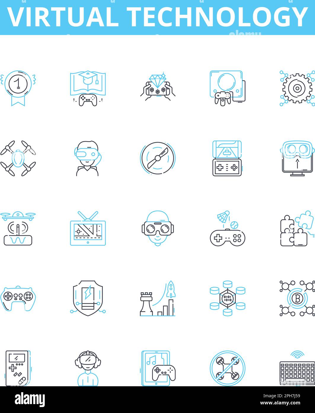 Virtual technology vector line icons set. Virtual, Technology, Cloud, Automation, Augmented, Networking, Simulation illustration outline concept Stock Vector
