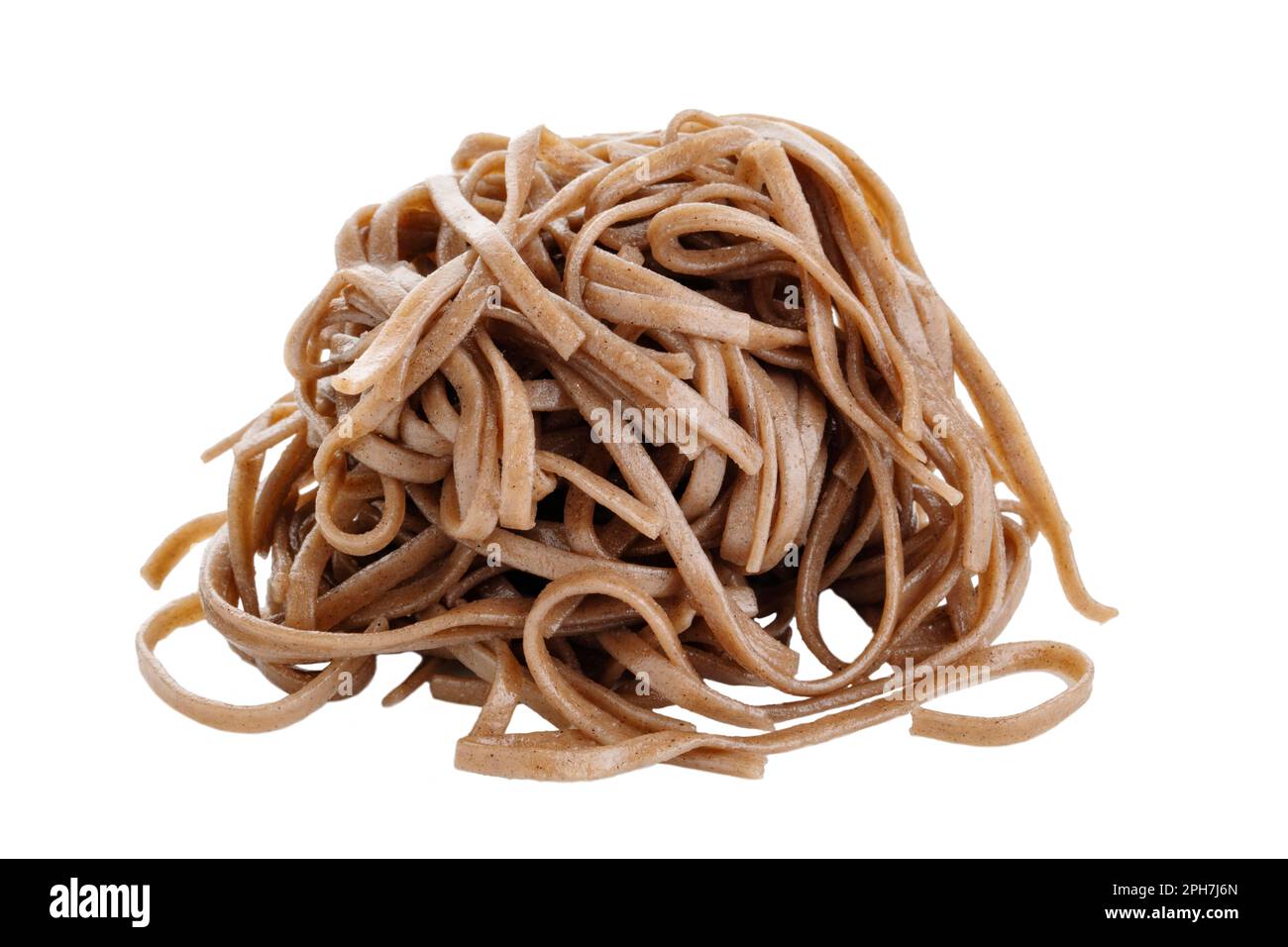 Japanese cooked brown noodles are isolated on a white background Stock