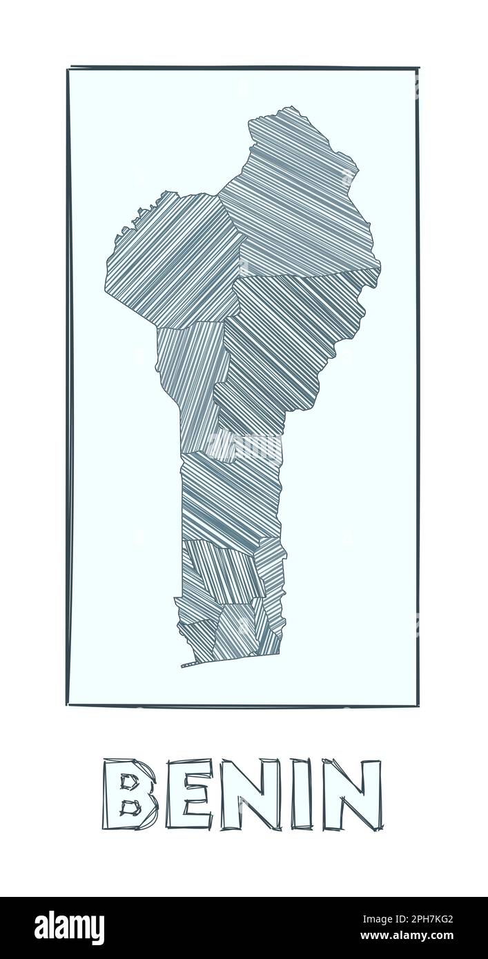 Sketch map of Benin. Grayscale hand-drawn map of the country. Filled regions with hachure stripes. Vector illustration. Stock Vector