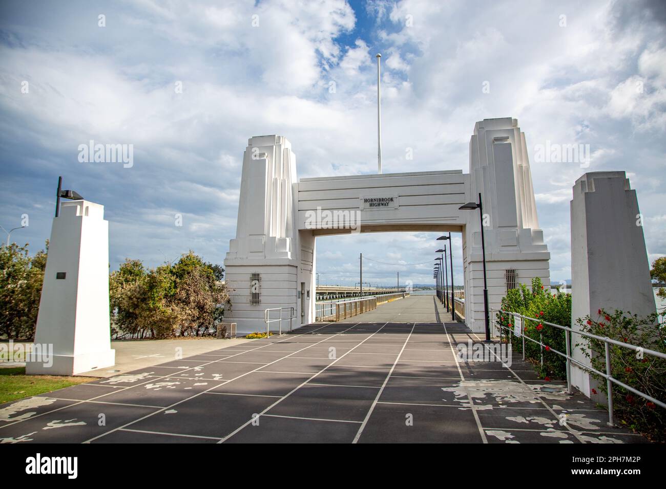 Redcliffe Bridge View of the Art Deco concrete abutment portal arch which frame the ...