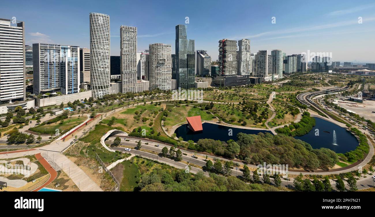 Aerial panorama of Parque La Mexicana (The Mexican Park) in Santa Fe, Mexico City, Mexico Stock Photo