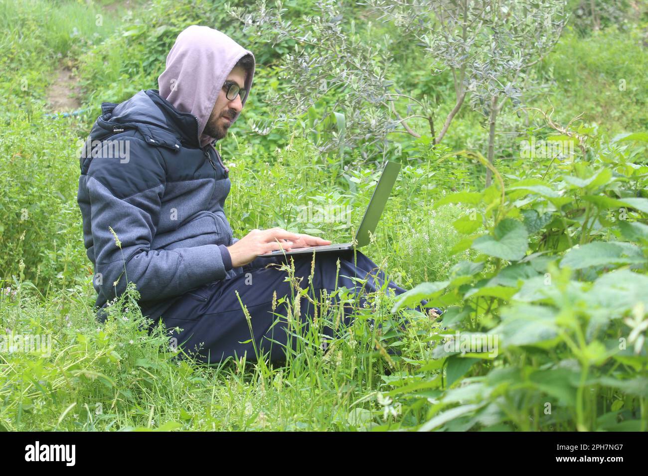A man working with laptop in nature. Work outdoor concept idea. Stock Photo