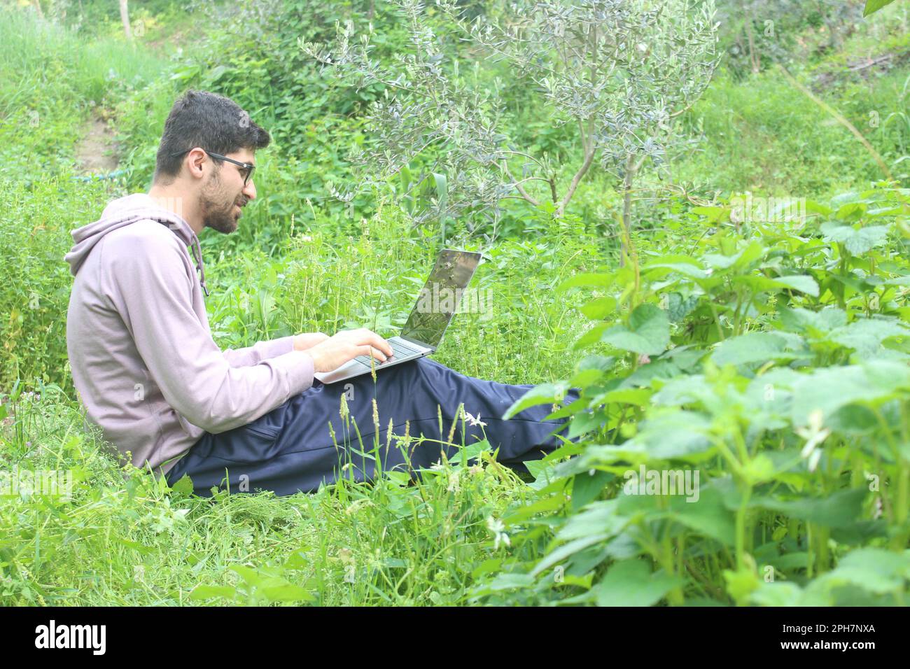Man working outdoors with laptop sitting in nature. Concept of remote work or freelancer lifestyle. Cellular network broadband coverage. internet 5G. Stock Photo