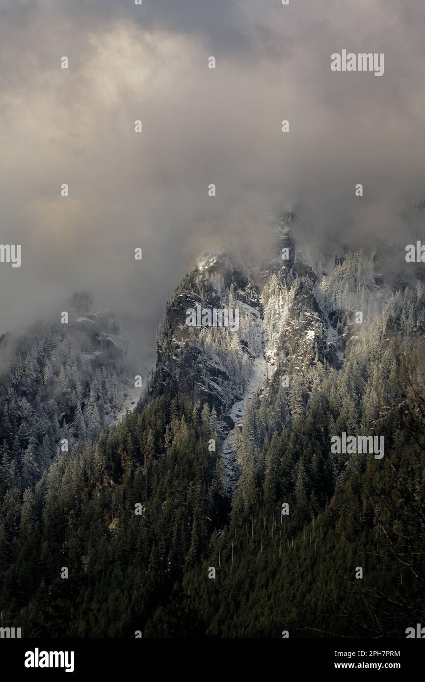 Snow covered mountains rising into winter clouds in the Washington ...