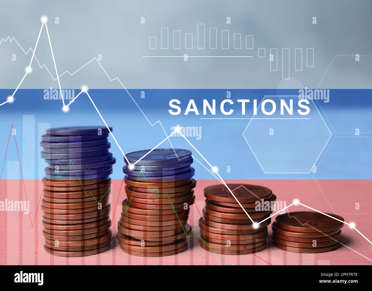 Stack of coins, graph and Russian flag, multiple exposure. Concept of sanctions against Russia Stock Photo