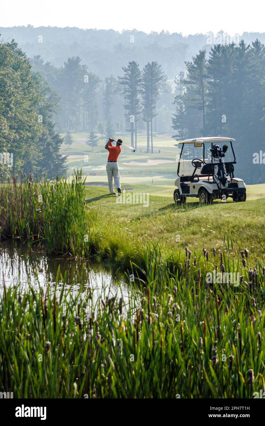 Pennsylvania Pocono Mountains Woodloch Springs Golf Course,golfing golfer cart swings swinging, Stock Photo