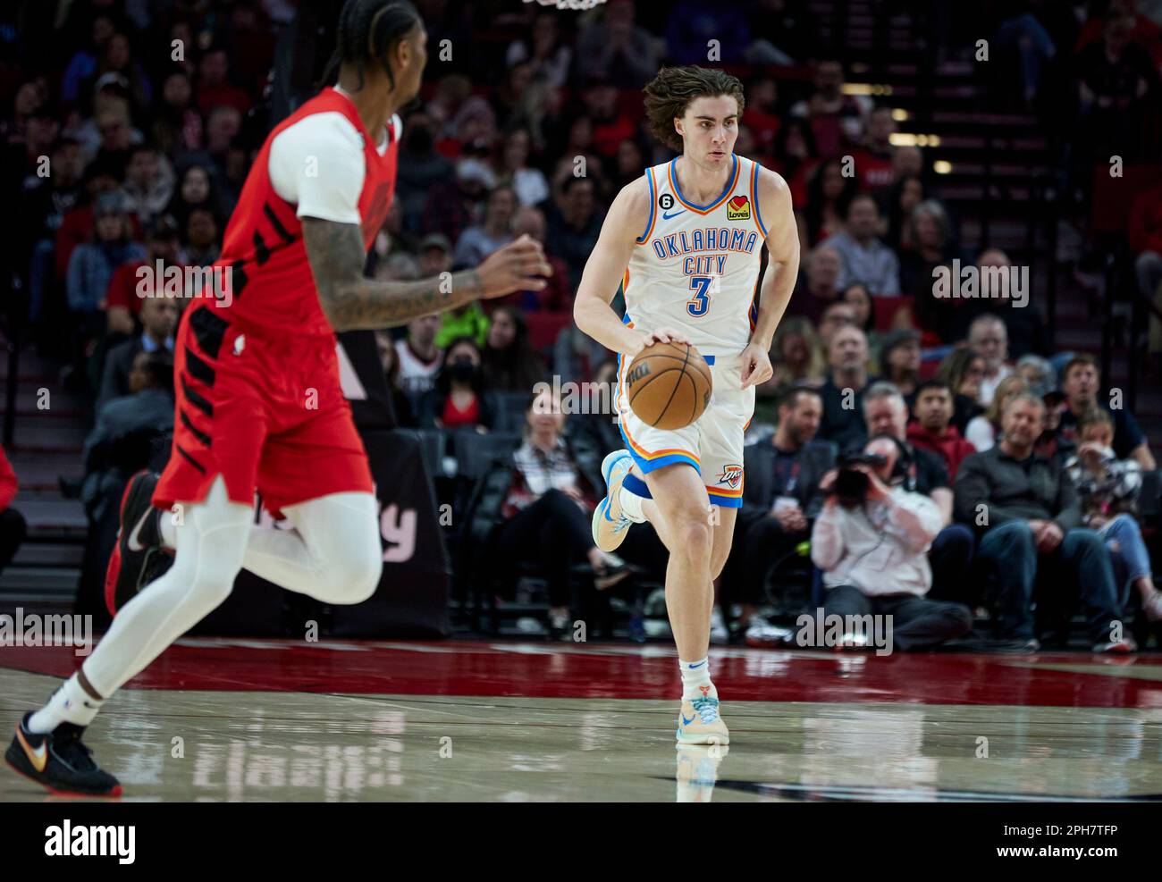 Oklahoma City Thunder guard Josh Giddey brings the ball upcourt against ...