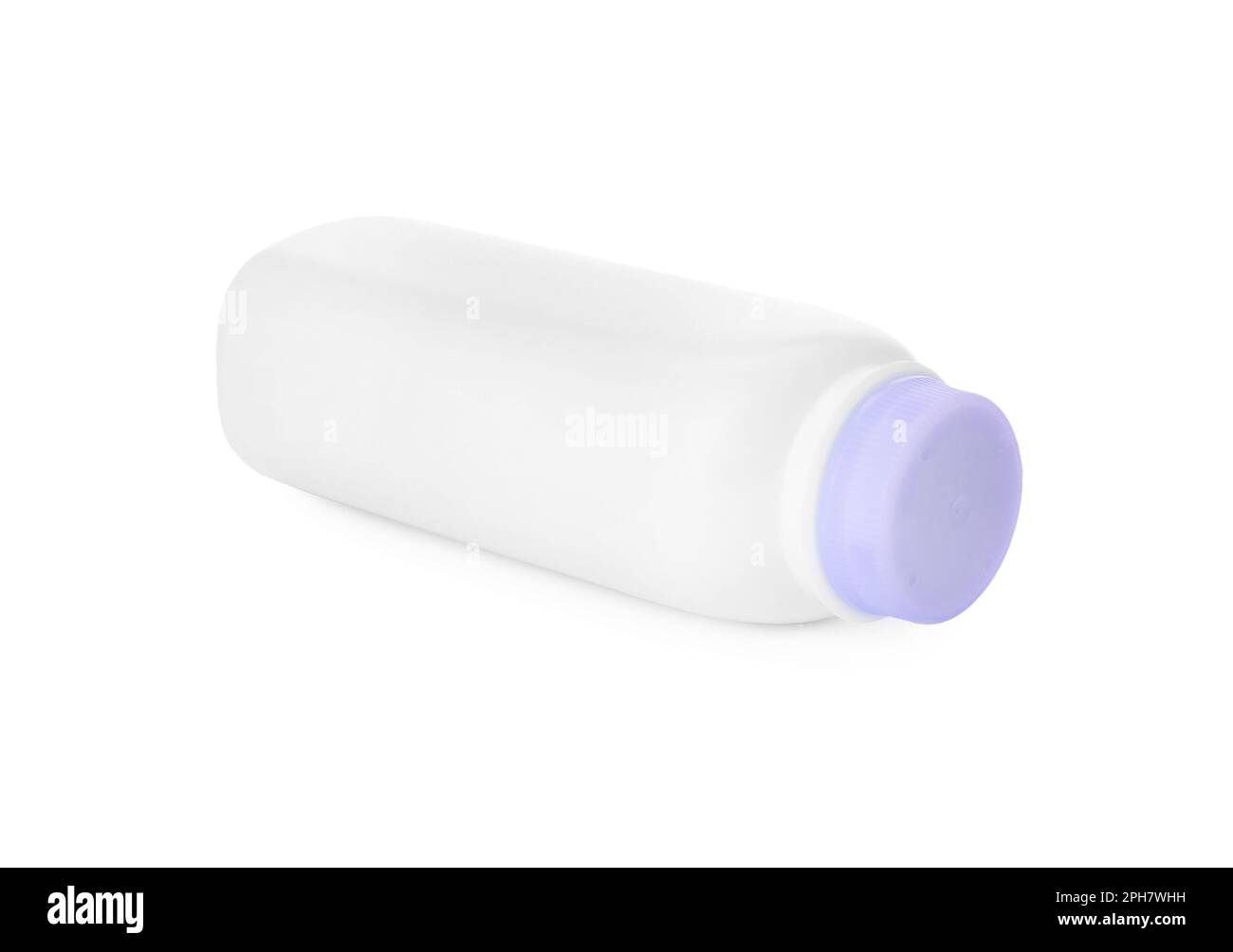 Bottle of dusting powder isolated on white. Baby cosmetic product Stock