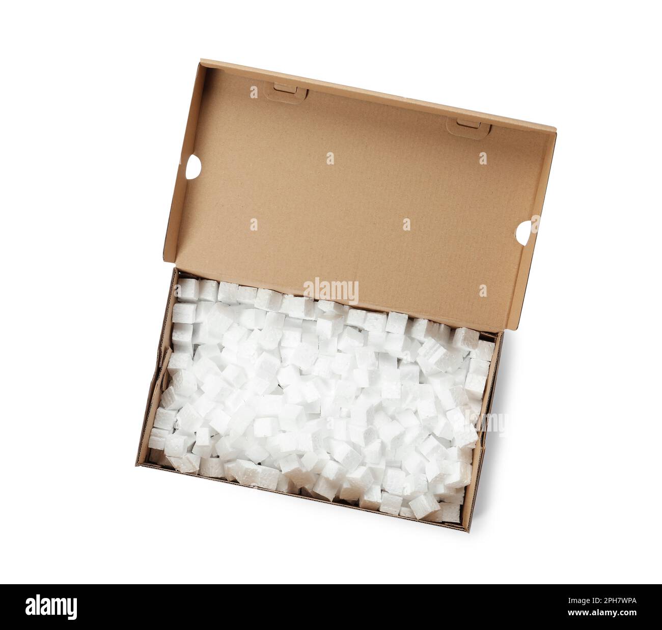 Cardboard box with styrofoam cubes isolated on white, top view Stock
