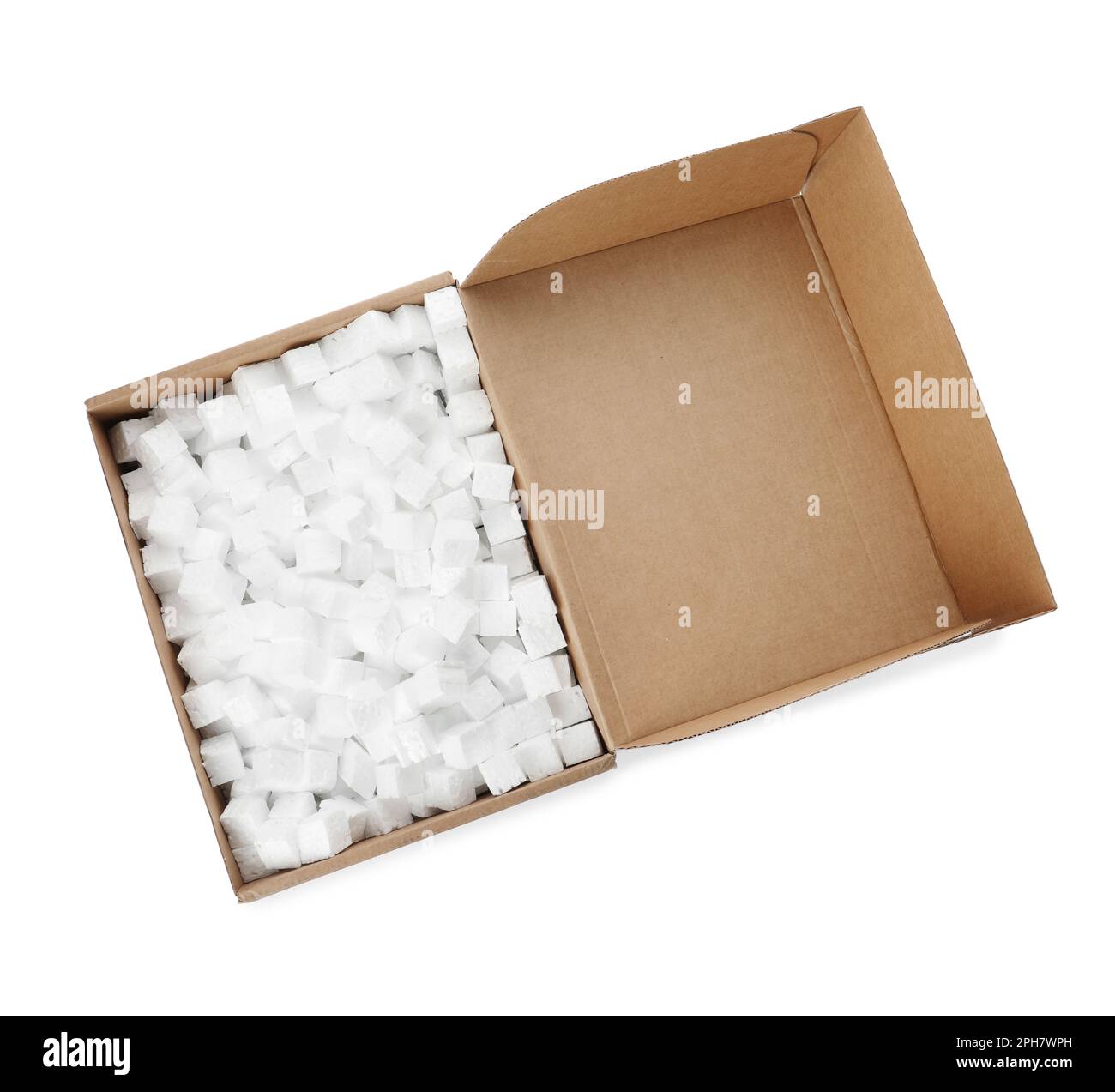 Cardboard box with styrofoam cubes isolated on white, top view Stock