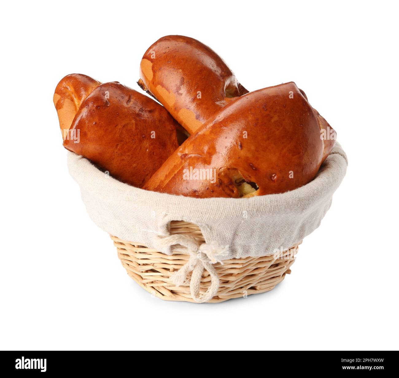 Wicker basket with delicious baked patties on white background Stock ...