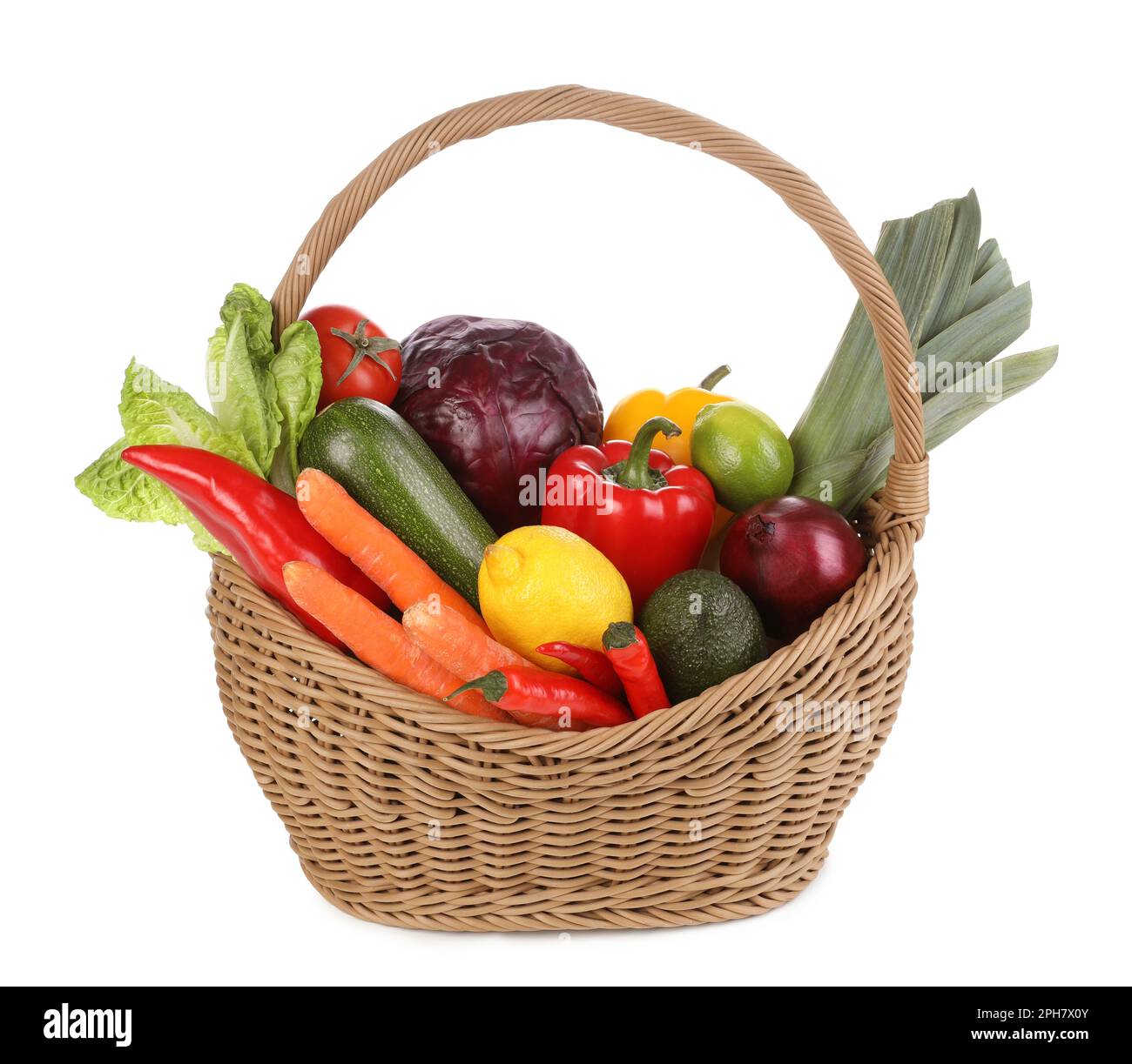 Fresh ripe vegetables and fruits in wicker basket on white background ...