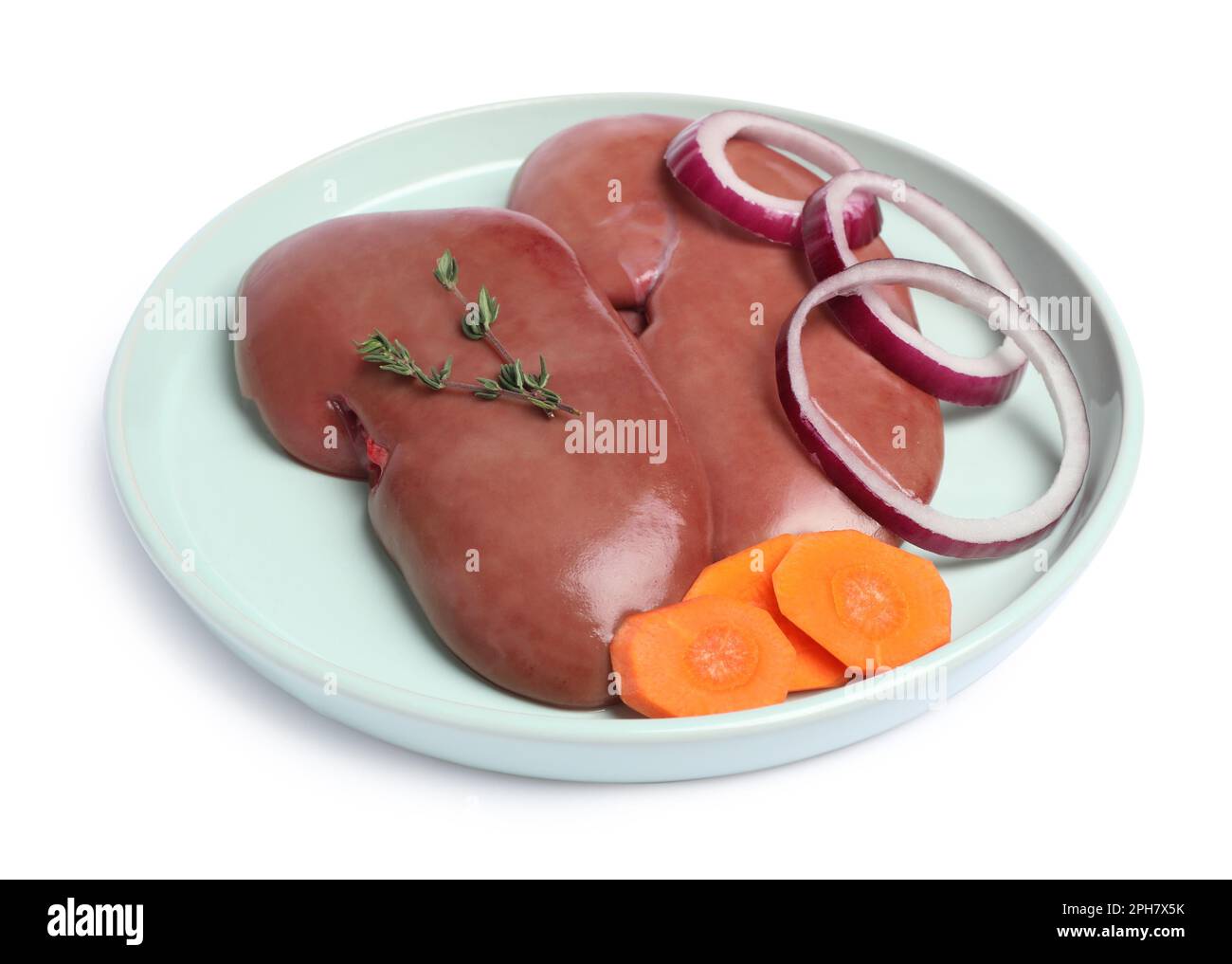 Fresh raw kidneys with thyme, onion and carrot on white background