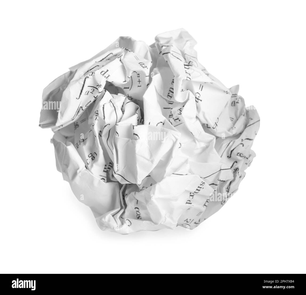 Crumpled sheet of paper with math equations isolated on white Stock