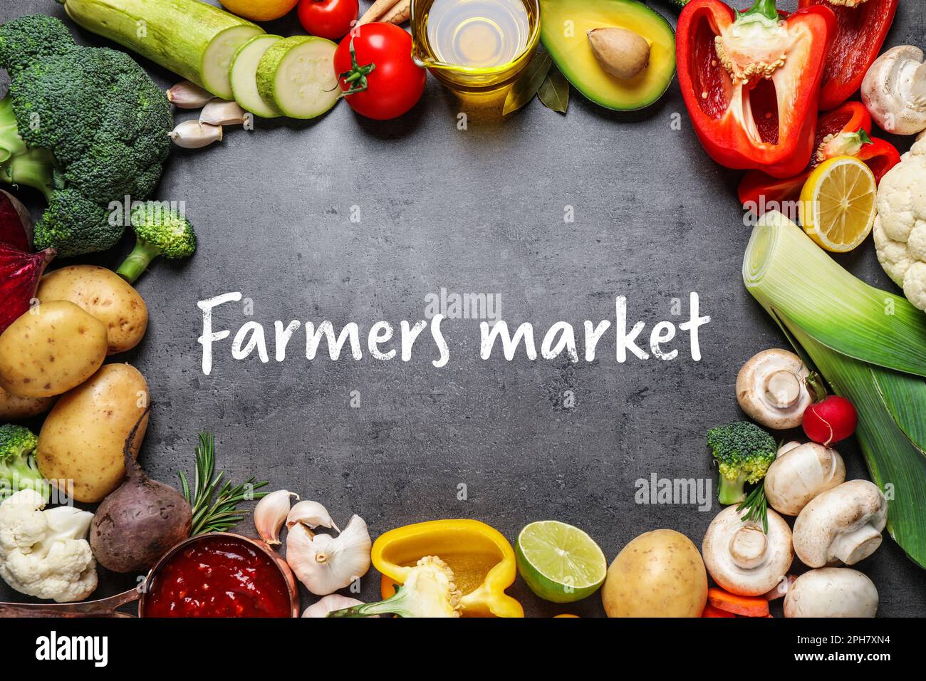 Flat lay composition with fresh products on grey table. Farmers market ...