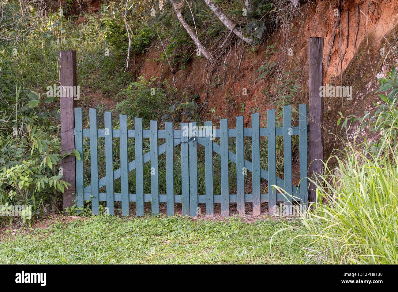 Gate closed to an abandoned property in the Petropolis area, Brazil, featuring green grass, and trees hanging to the muddy soil on a cliff Stock Photo