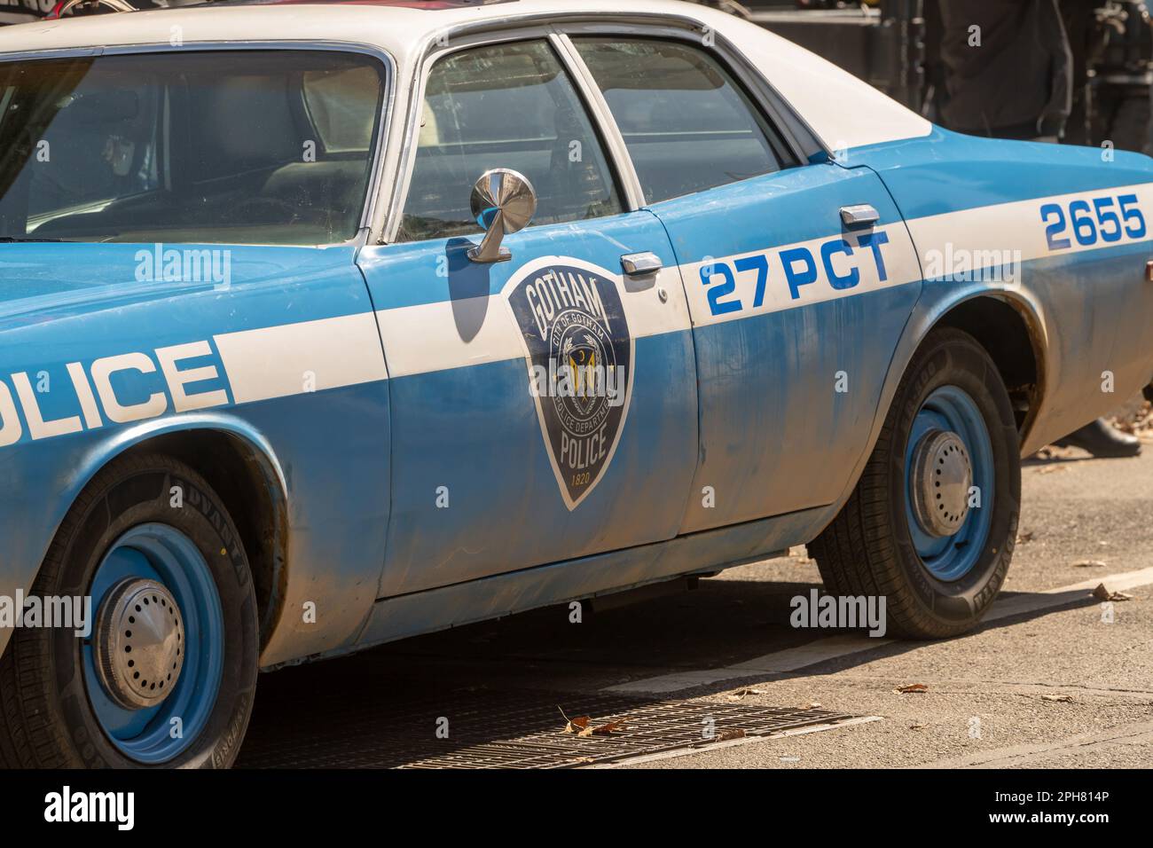 New York, United States. 26th Mar, 2023. NEW YORK, NEW YORK - MARCH 26: A  Gotham Police car on movie set of the 'Joker: Folie a Deux' by the New York  County