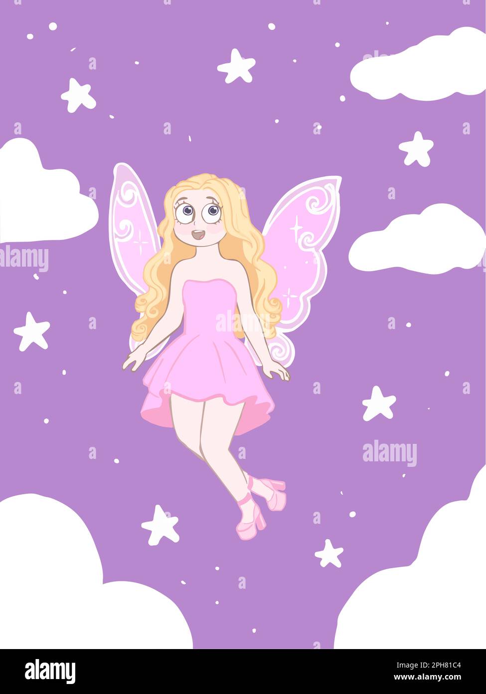 Young girl with the butterfly wings enthusiastic, near the clouds and