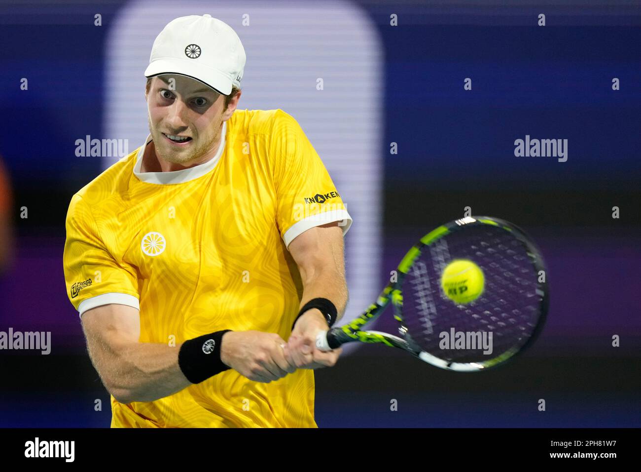 Botic van de Zandschulp, of the Netherlands, returns a shot from Casper