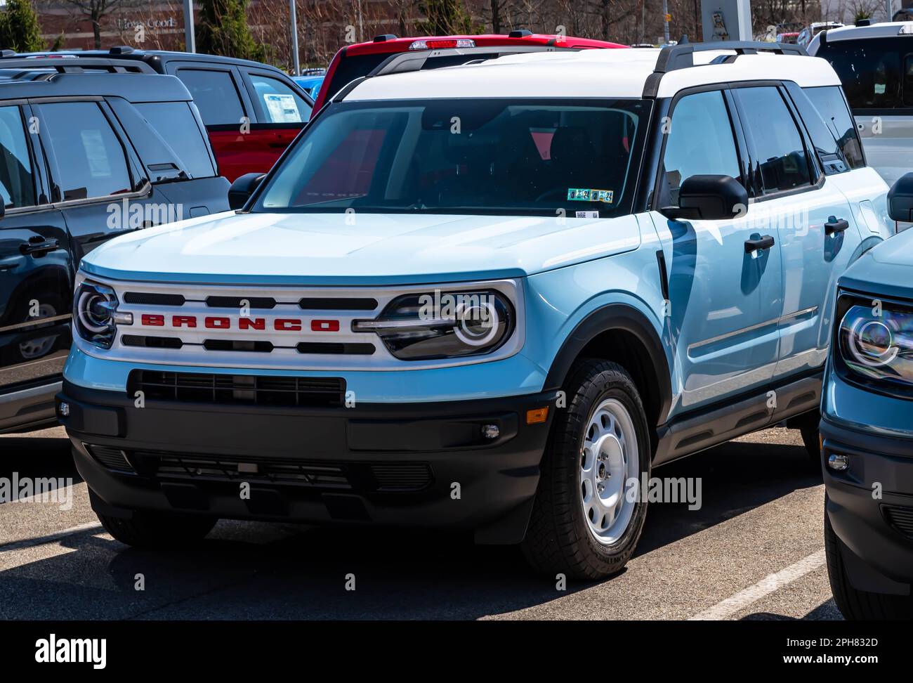 A two toned white and light blue Ford Bronco SUV for sale at a dealership in Monroeville, Pennsylvania, USA Stock Photo